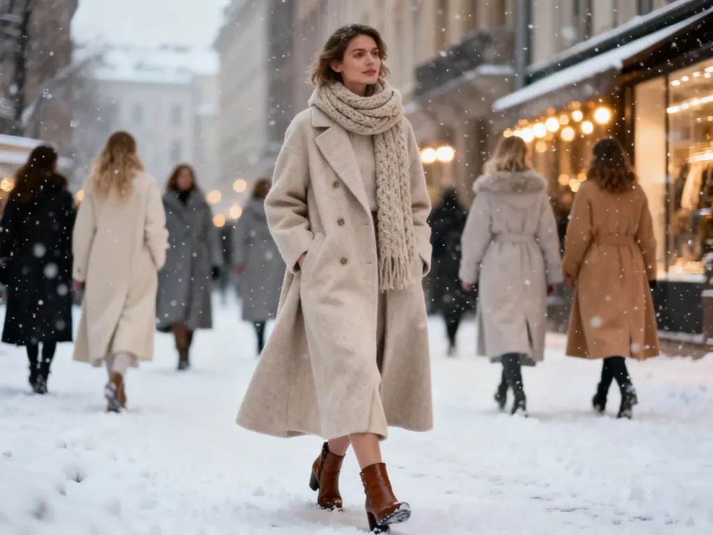 Elegancka kobieta w długim wełnianym płaszczu na zimowej ulicy, w tle inne modne zimowe okrycia damskie.
